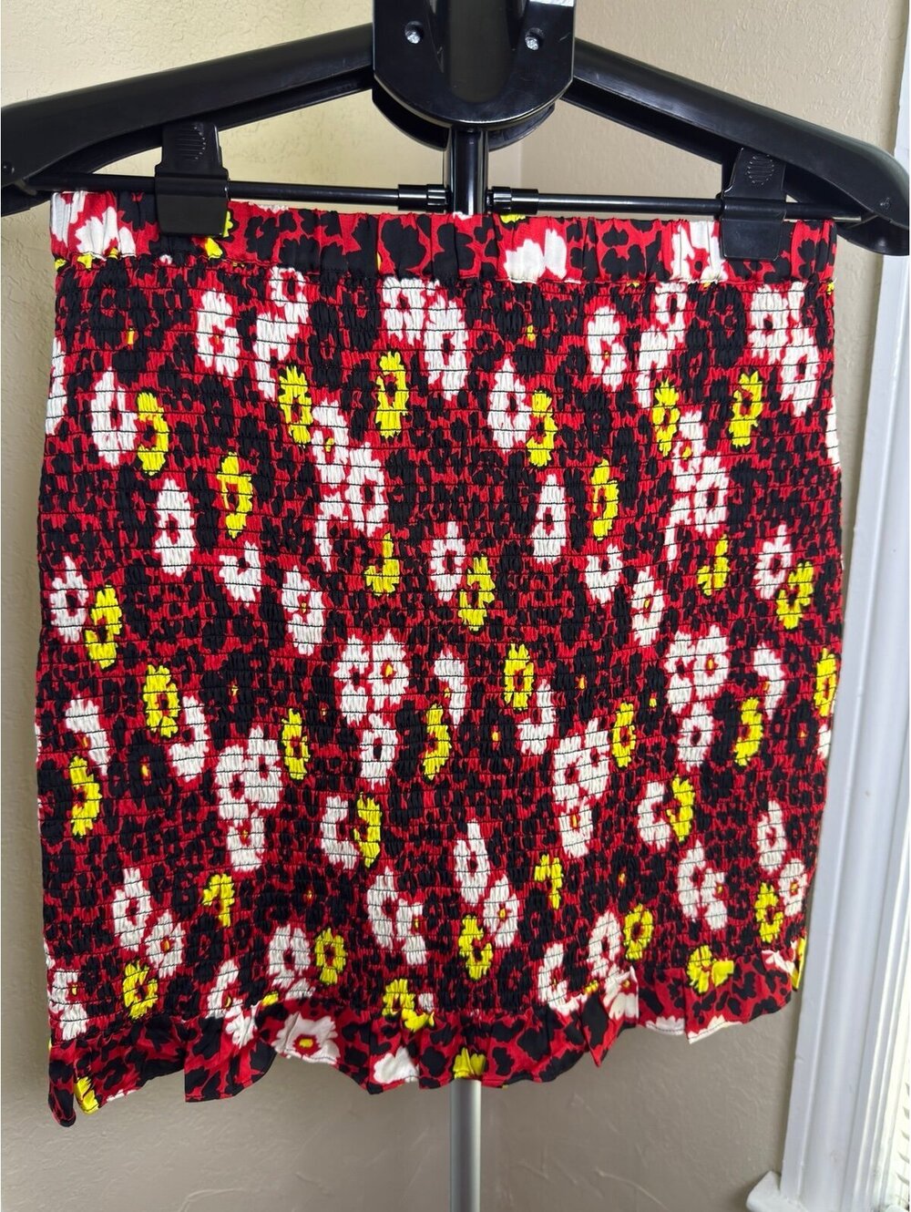 The Kooples Smocked Floral Mini Skirt Red Black Daisy Print French Size 4 NWT